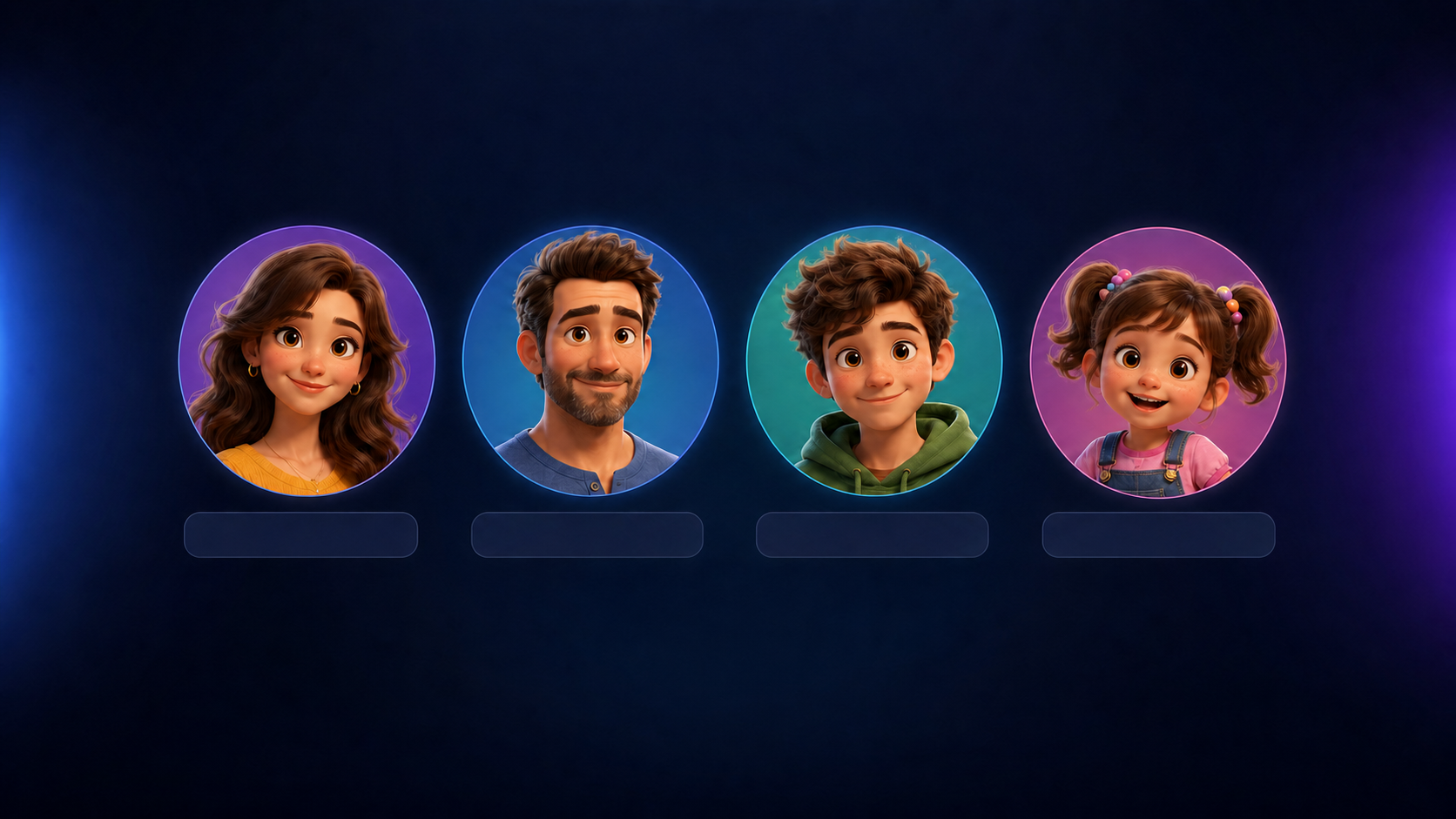 Example media app profile selection screen with round animated family avatars