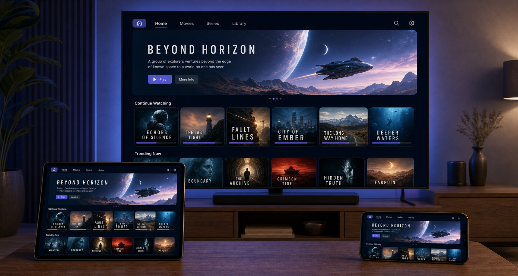 Example media app catalogue synced across television, tablet and phone